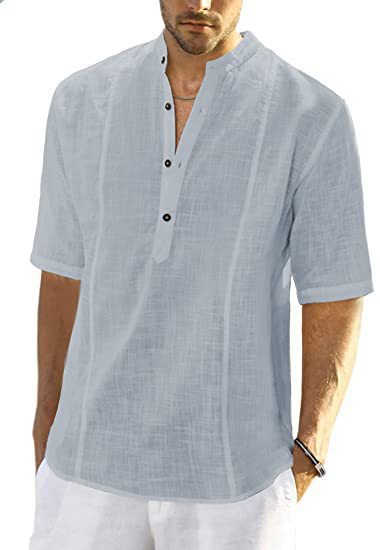 Short Sleeve Linen Shirt for Men with High Collar and Button Placket Chic und Stil
