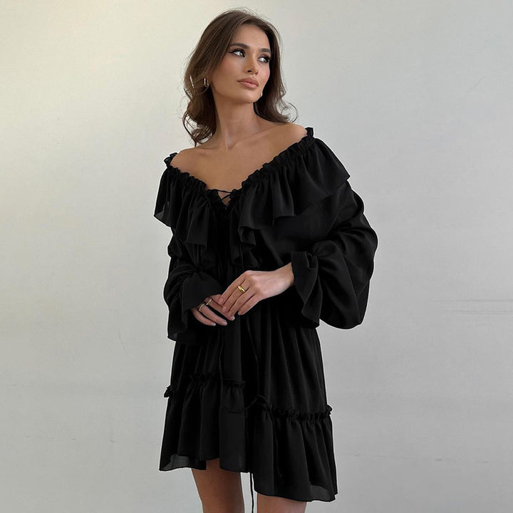 Playful ruffled dress for women with V-neckline and puff sleeves Lune London