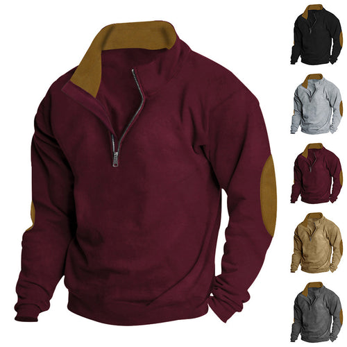 Men's sporty sweater with mid-length zipper and modern elbow patches Chic and Style