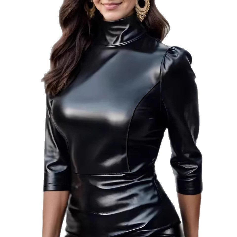 Women's Elegant Top Made Of High-Quality Faux Leather with A High Collar Lune London