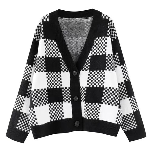 Ladies chunky knit cardigan with contrasting check pattern and button details Lune London