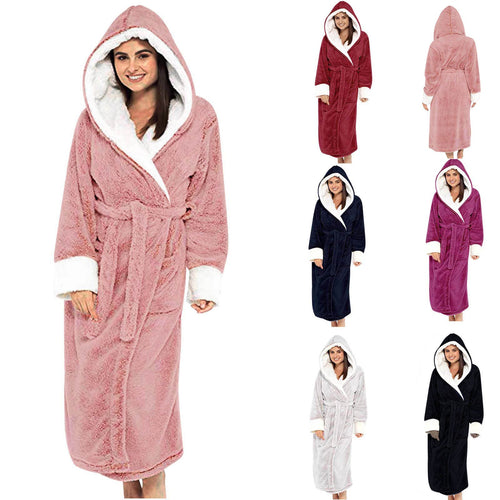 Women's Cozy Fleece Bathrobe with Hood and Belt Lune London