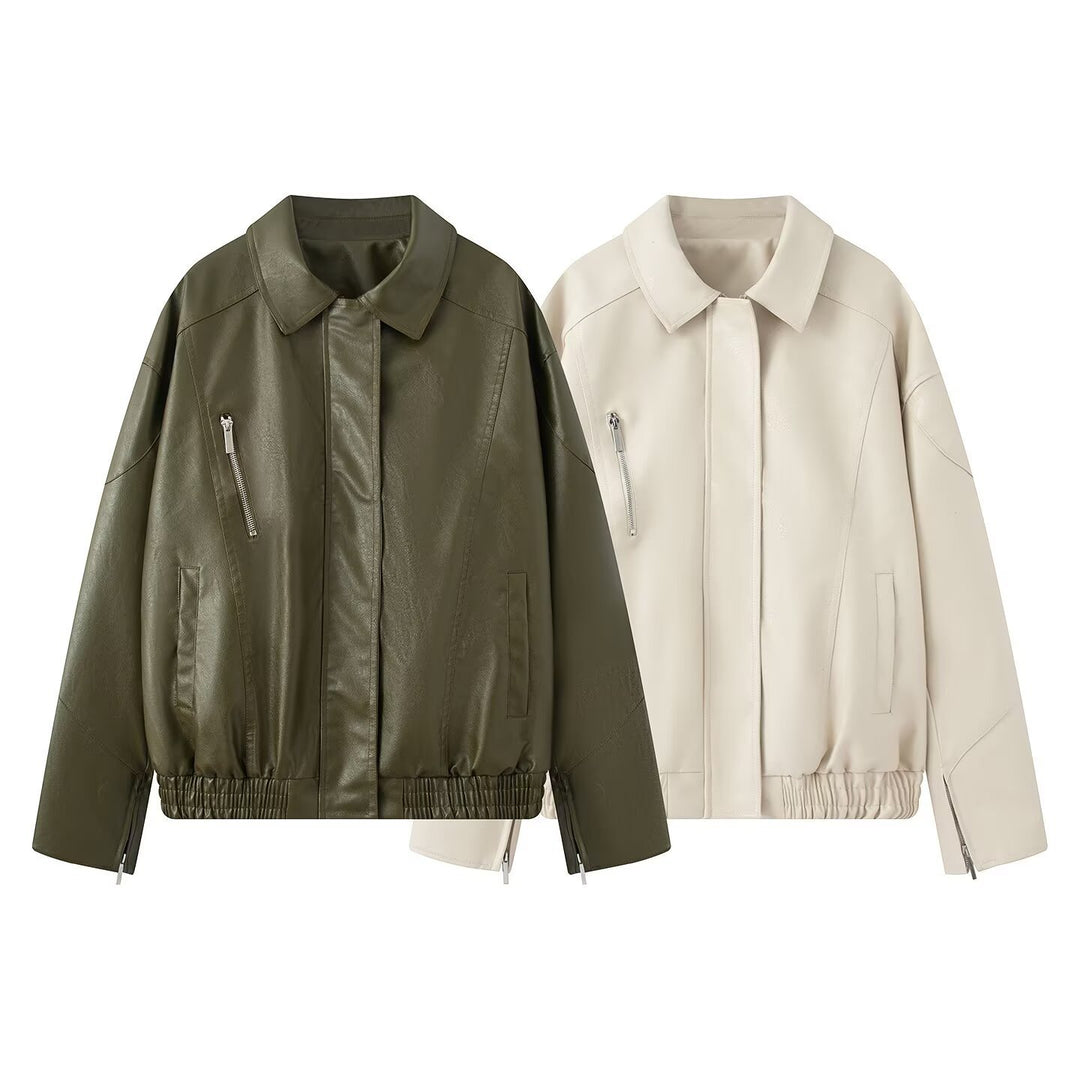 Casual faux leather jacket for women with elastic waist and practical zip pockets Lune London