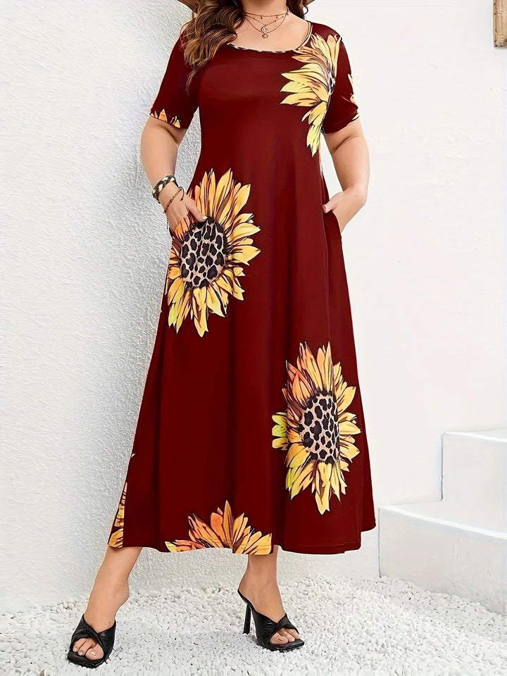 Summer maxi dress for women with sunflower floral pattern and practical pockets Lune London
