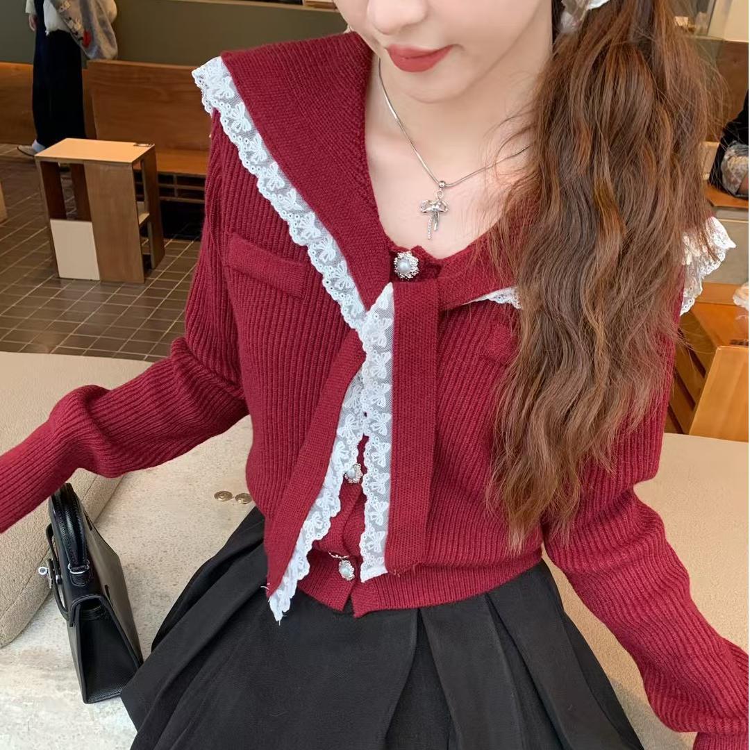 Knitted jacket for women with ruffled collar and decorative buttons Lune London