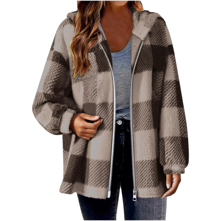 Fleece jacket for women with plaid pattern and hood Lune London