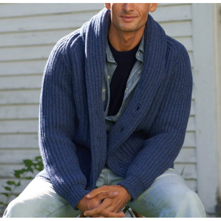 Knitted cardigan for men with draped lapel Lune London
