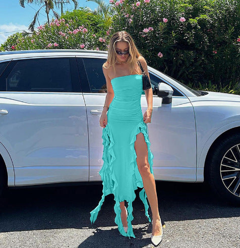 Women Elegant Split Maxi Dress with Chic Ruffles and Style