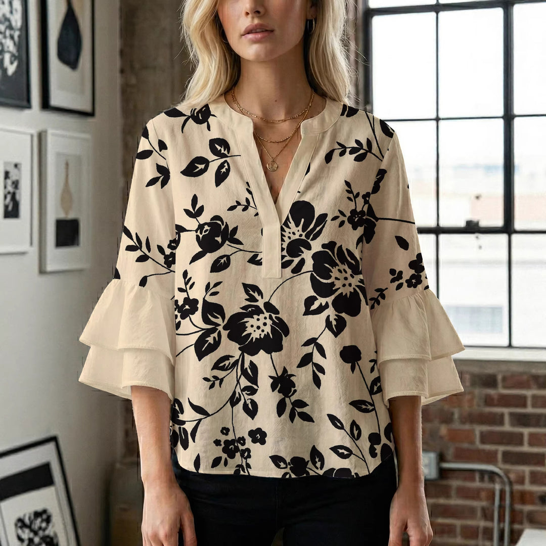 Women's casual blouse with ruffled sleeves and botanical print Lune London