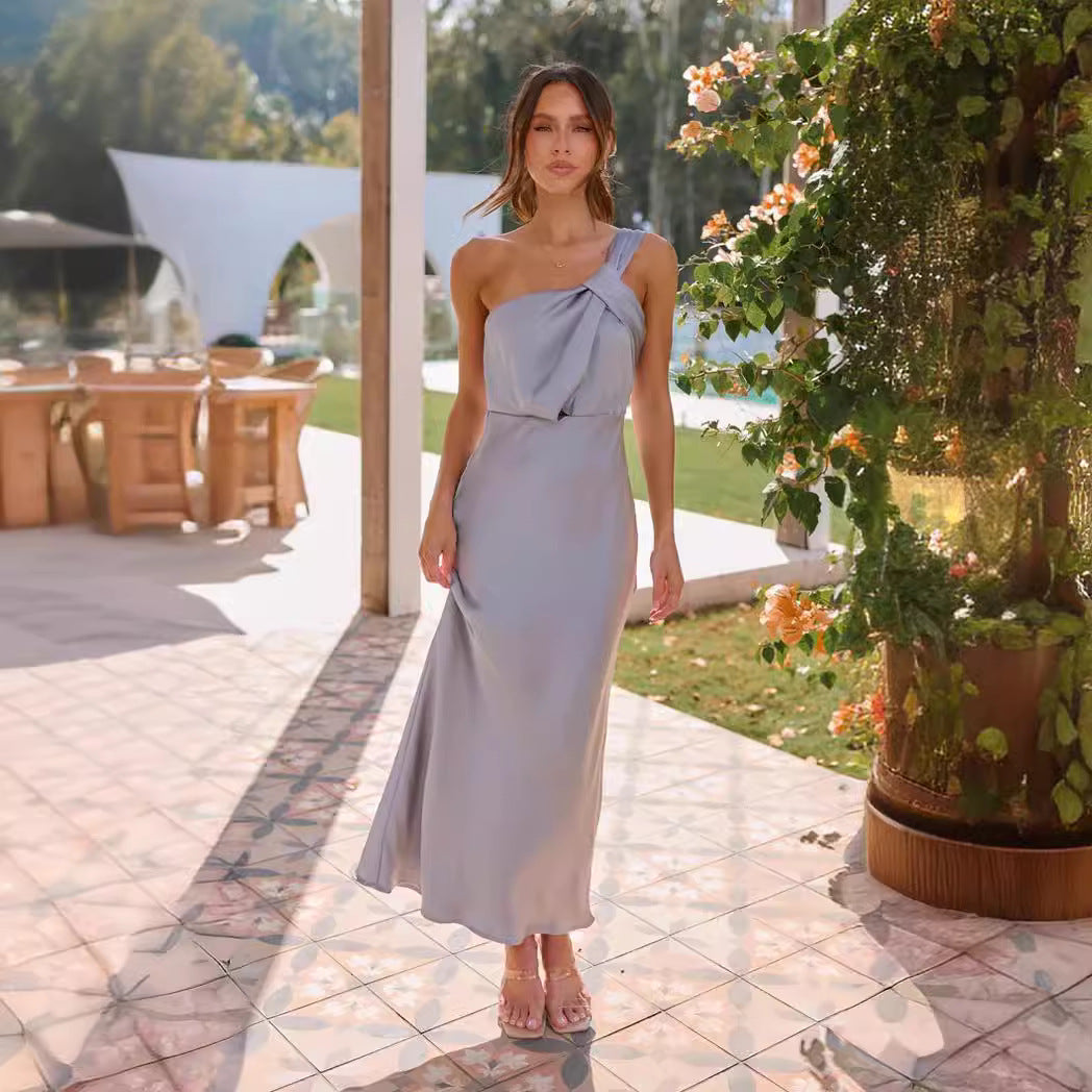 Women's Elegant Long Dress with Asymmetric Strap and Stylish Draping Detail Lune London