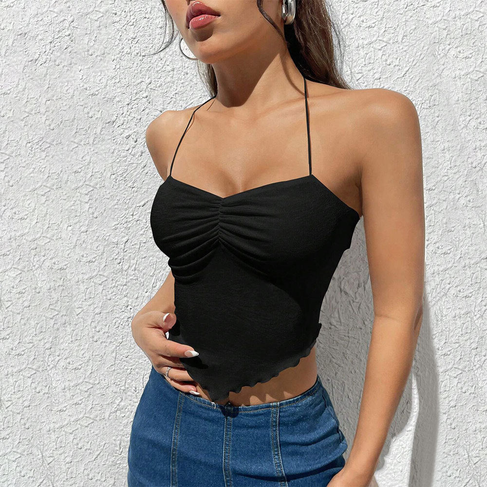 Short sleeveless top for women with ruffles and decorative lace hem Chic & Stil