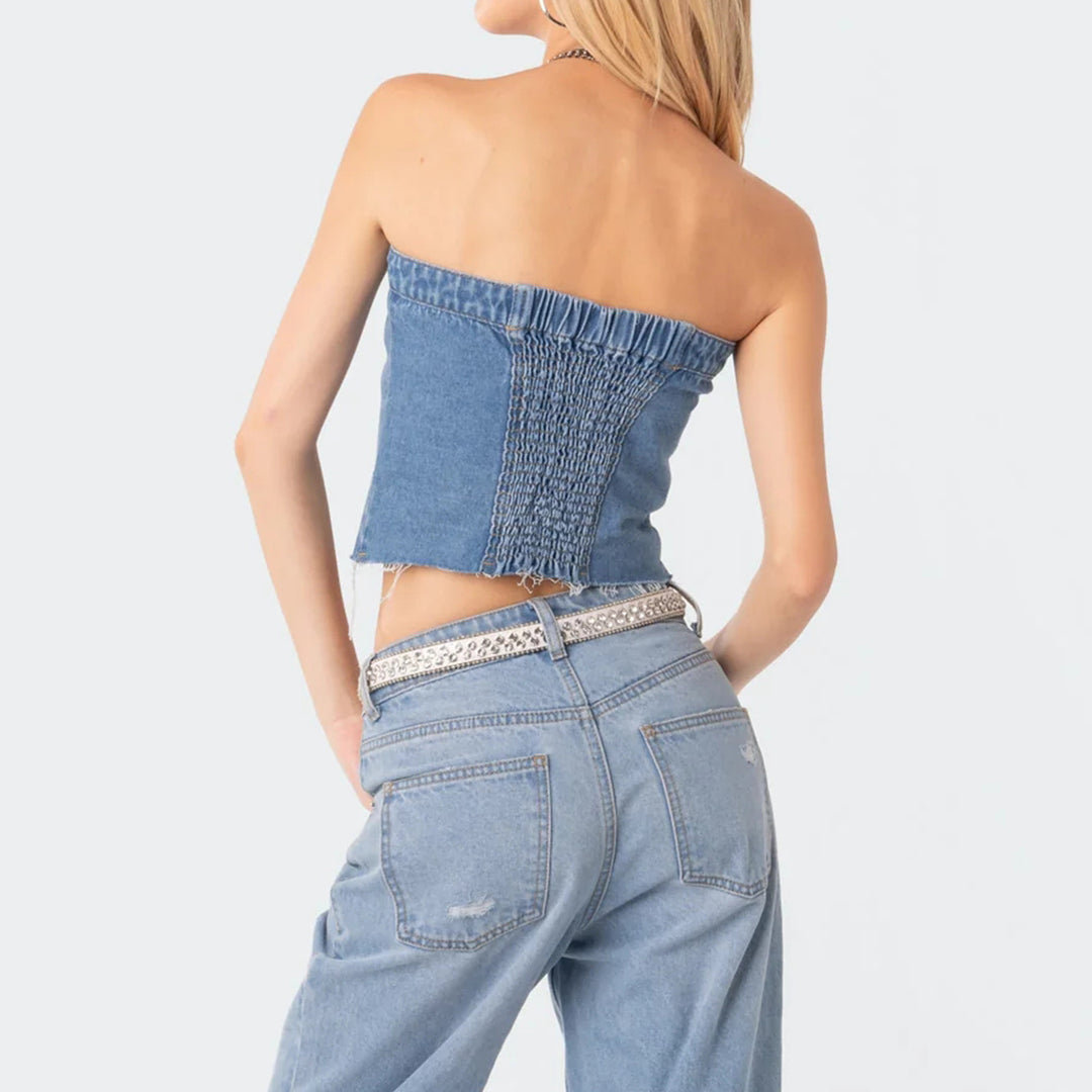 Women's Denim Crop Top with Knitted Overlay Lune London