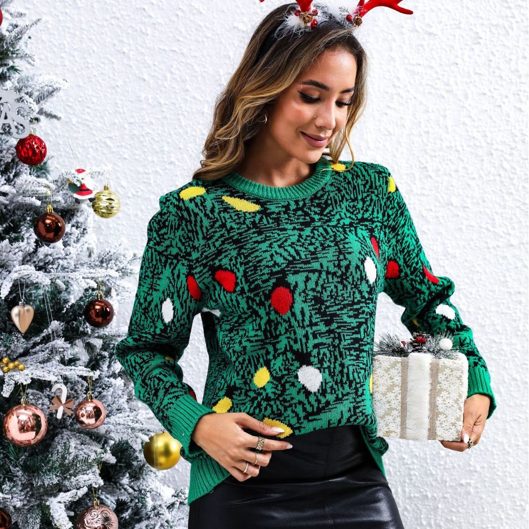 Festive knit sweater for women with colorful Christmas tree pattern Lune London
