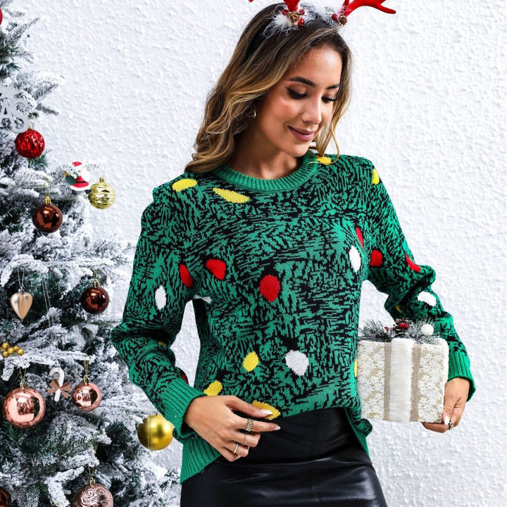 Festive knit sweater for women with colorful Christmas tree pattern Lune London