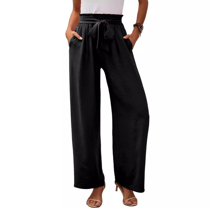 Wide palazzo pants for women with elastic waist and tie belt Lune London