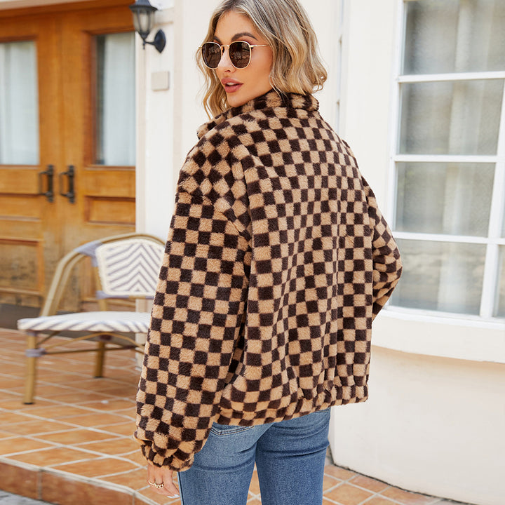 Fleece jacket for women with a modern checked pattern and high collar Lune London