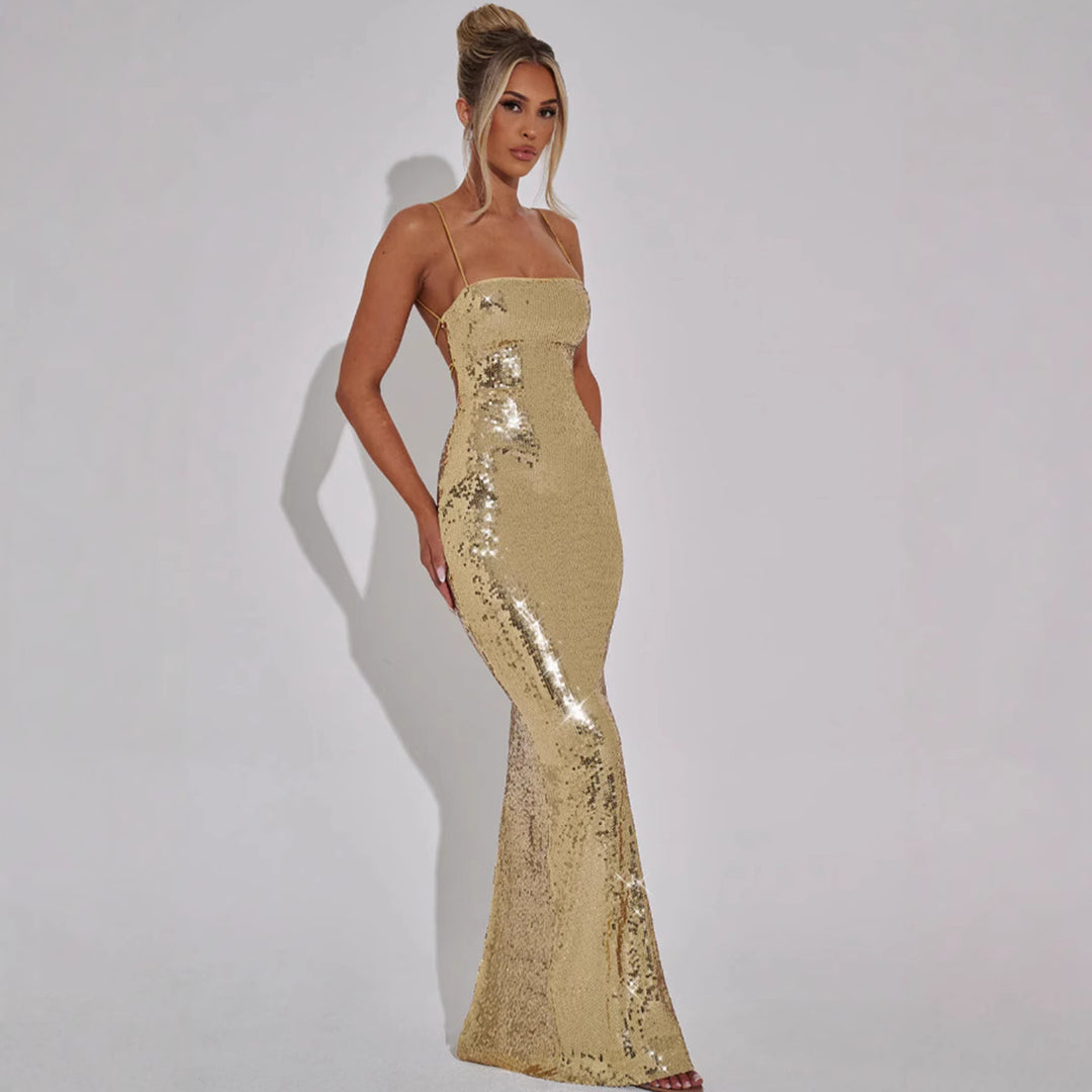 Women's Glamorous Sequin Maxi Dress with Slim Fit and Spaghetti Straps Lune London