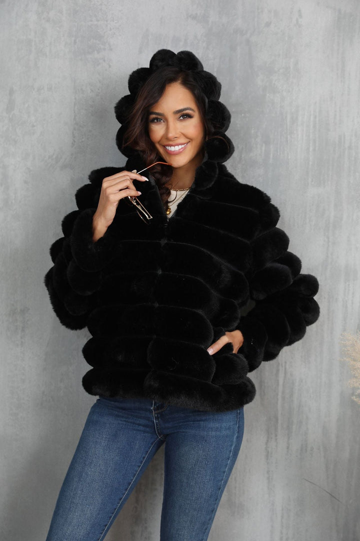 Women's Trendy Hooded Jacket Made Of Faux Fur with Textured Pattern Lune London