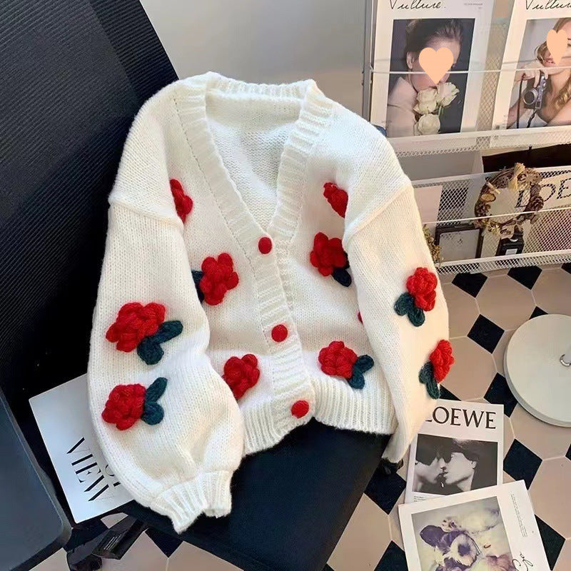 Knitted jacket for ladies with floral appliqués and elastic sleeves Lune London