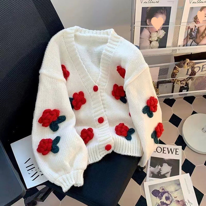 Knitted jacket for ladies with floral appliqués and elastic sleeves Lune London