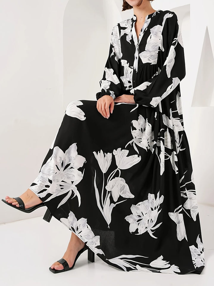 Women’s maxi dress with floral print and elegant button design Lune London