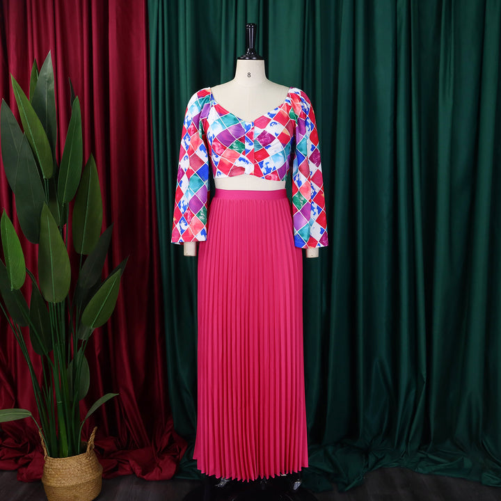 Pleated combined dress for ladies with a colorful top and a flared skirt Lune London