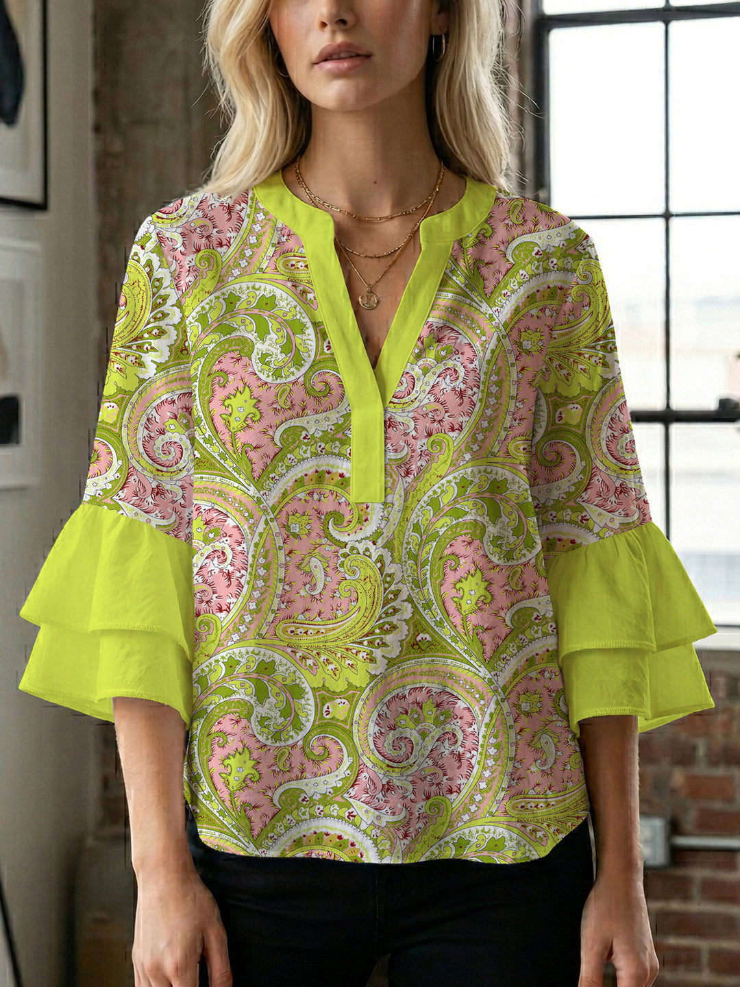 Women's blouse with voluminous ruffle sleeves and creative floral design Lune London