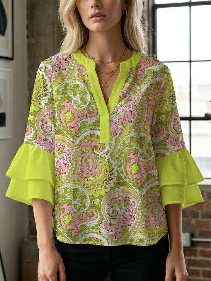 Women's blouse with voluminous ruffle sleeves and creative floral design Lune London