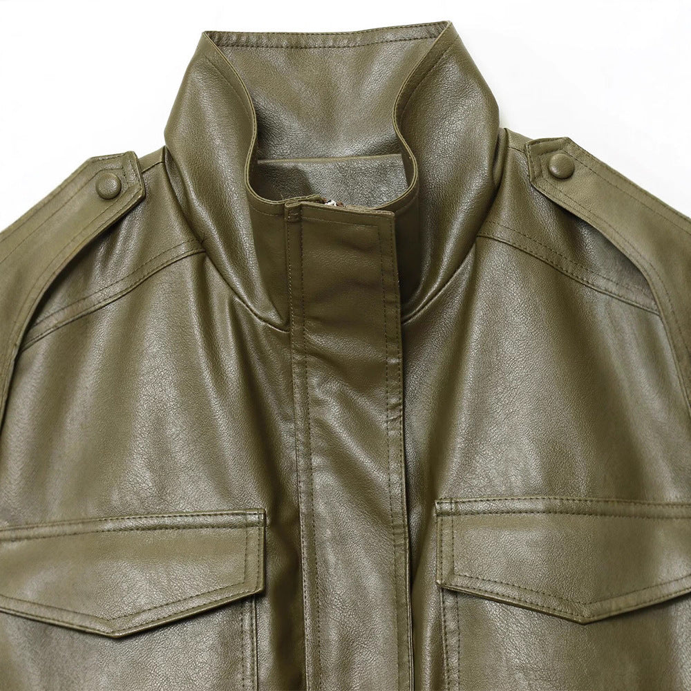 Ladies short faux leather jacket with practical pockets and modern high collar Lune London