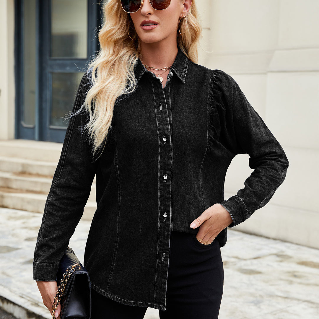 Denim blouse for women with ruffle details and a fitted cut Lune London