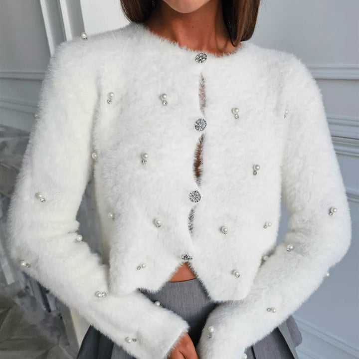 Ladies Plush Knit Sweater Jacket with Decorative Buttons and a Chic Elegant Cut