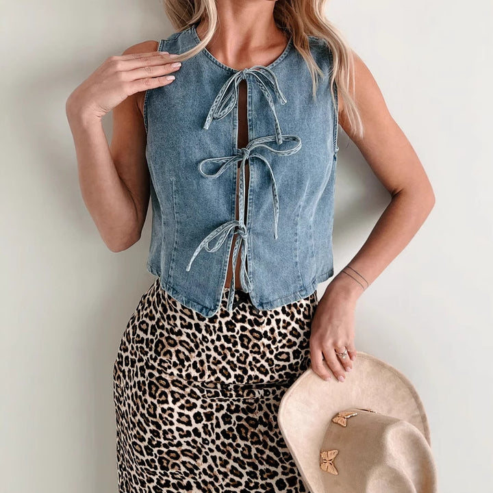 Women's denim shirt vest with playful lacing details and modern cut