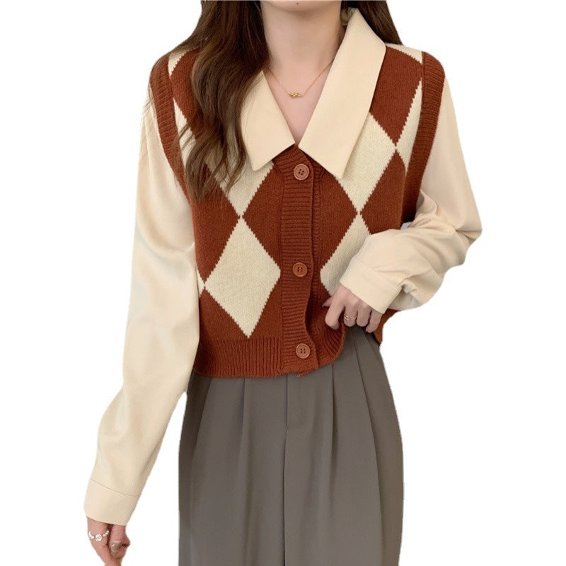 Gilet élégant pour femmes avec motif en diamant et col chemise Chic & Stil