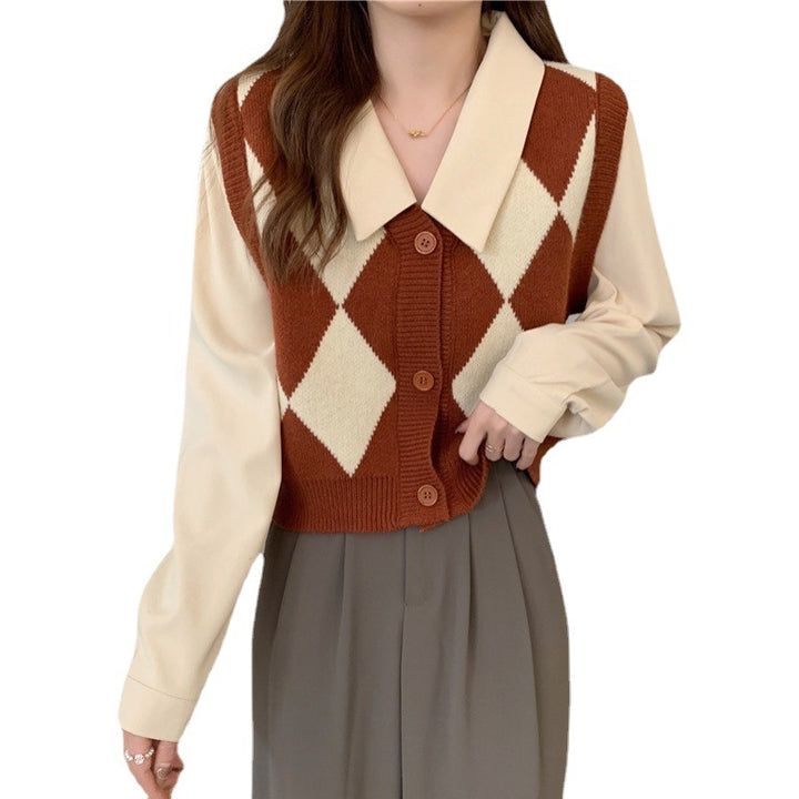 Gilet en tricot pour femmes avec motif à carreaux et col classique Chic & Stil