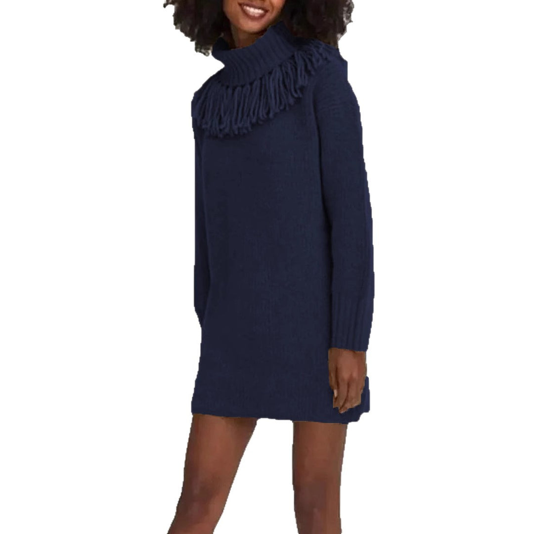 Knitted dress for women with decorative fringe trim and high turtleneck Lune Londonl