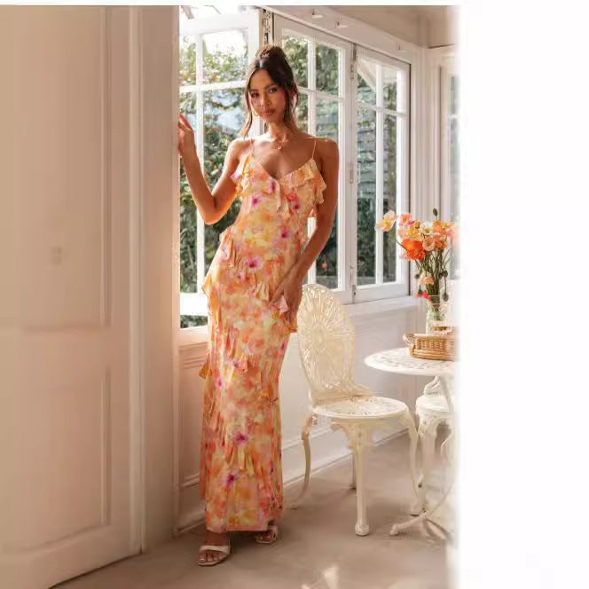 Women's Summer Maxi Dress with Ruffle Details and Delicate Floral Design Lune London