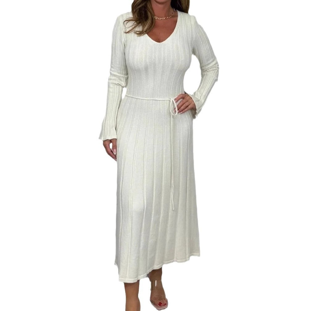 Lune London Women’s V Neck Maxi Knit Dress with Waist Cord