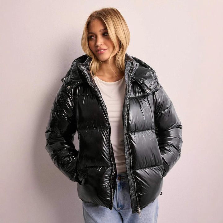 Ladies Shiny Quilted Jacket with Removable Hood Lune London