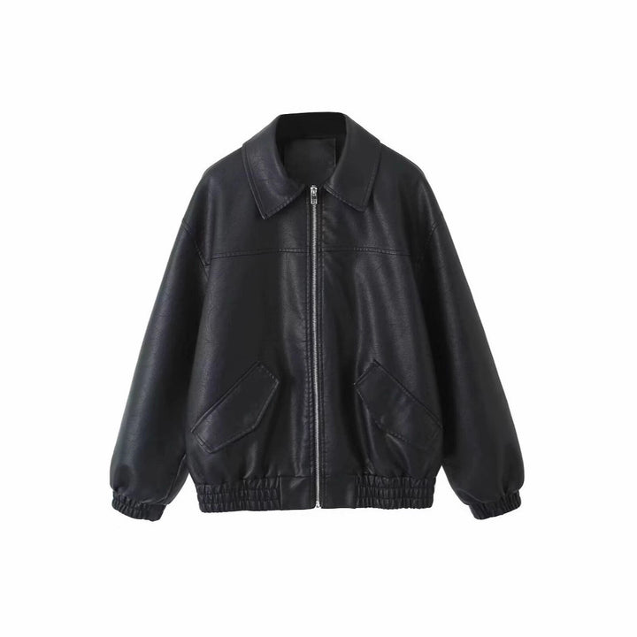 Casual leather jacket for women with elastic hem and practical pockets Lune London