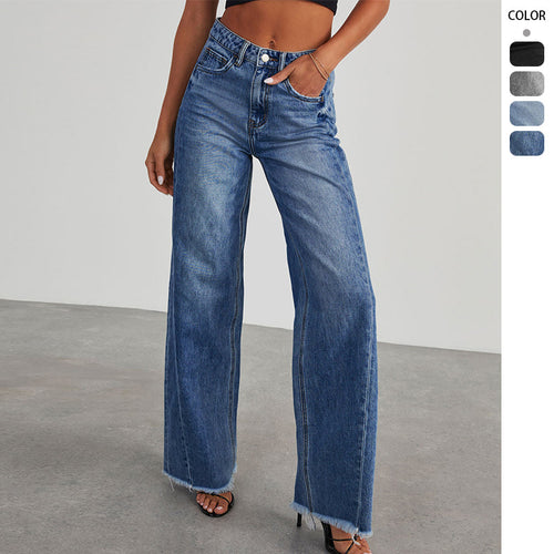 Ladies High-Waisted Mom Jeans in Classic Cut with Frayed Hem Lune London