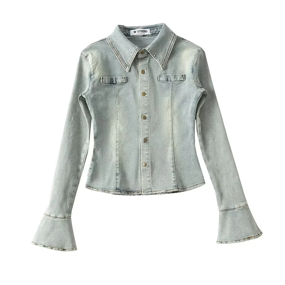 Jean shirt for women with fashionable bell sleeves and chic patch pockets