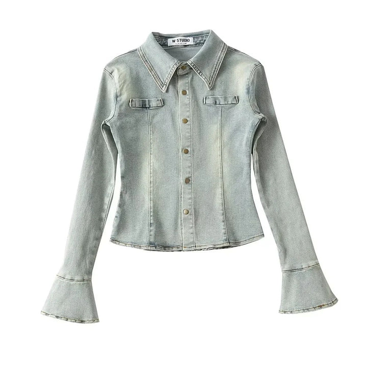 Jean shirt for women with fashionable bell sleeves and chic patch pockets