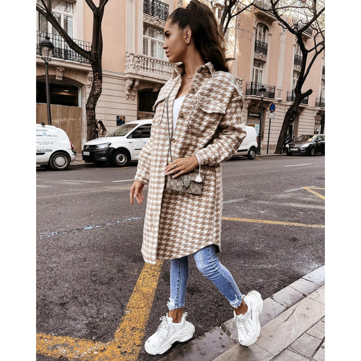 Women Oversized Houndstooth Print Shirt Jacket Lune London