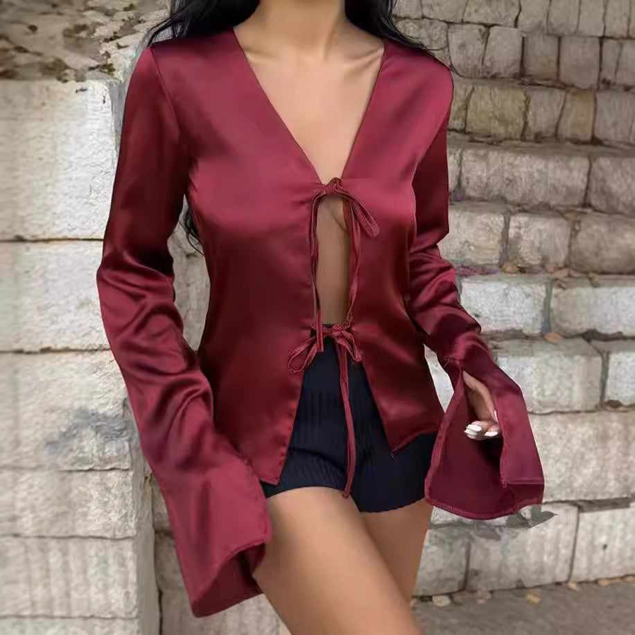 Lune London women's satin blouse with deep V-neck and ties