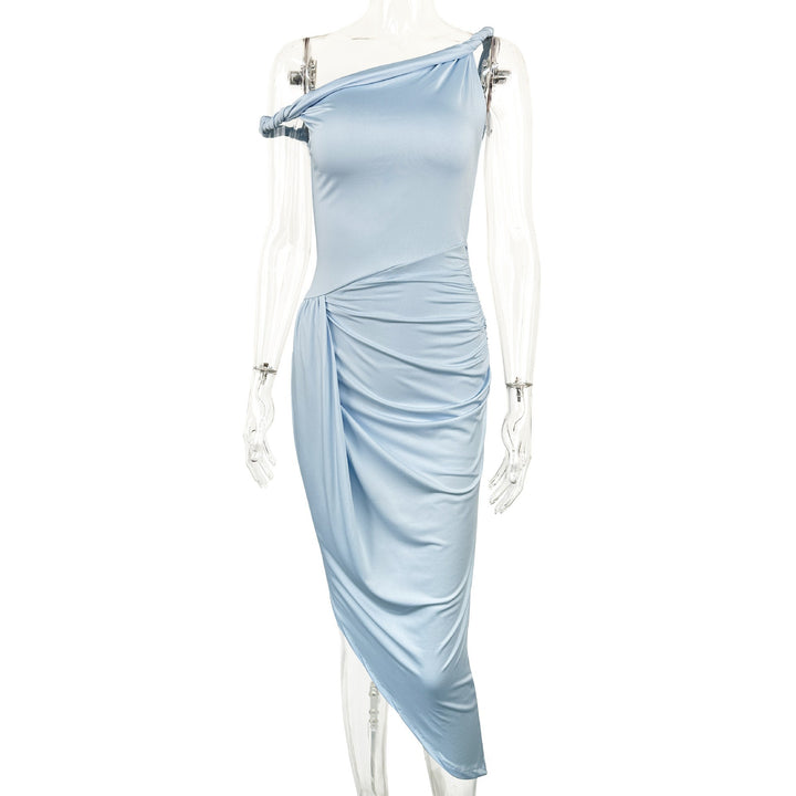 Ladies elegant asymmetrical maxi dress with gathers Lune London