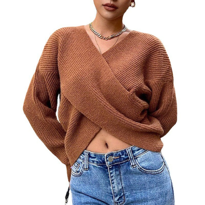 Oversized knit sweater with wrap design and textured fabric for women Lune London