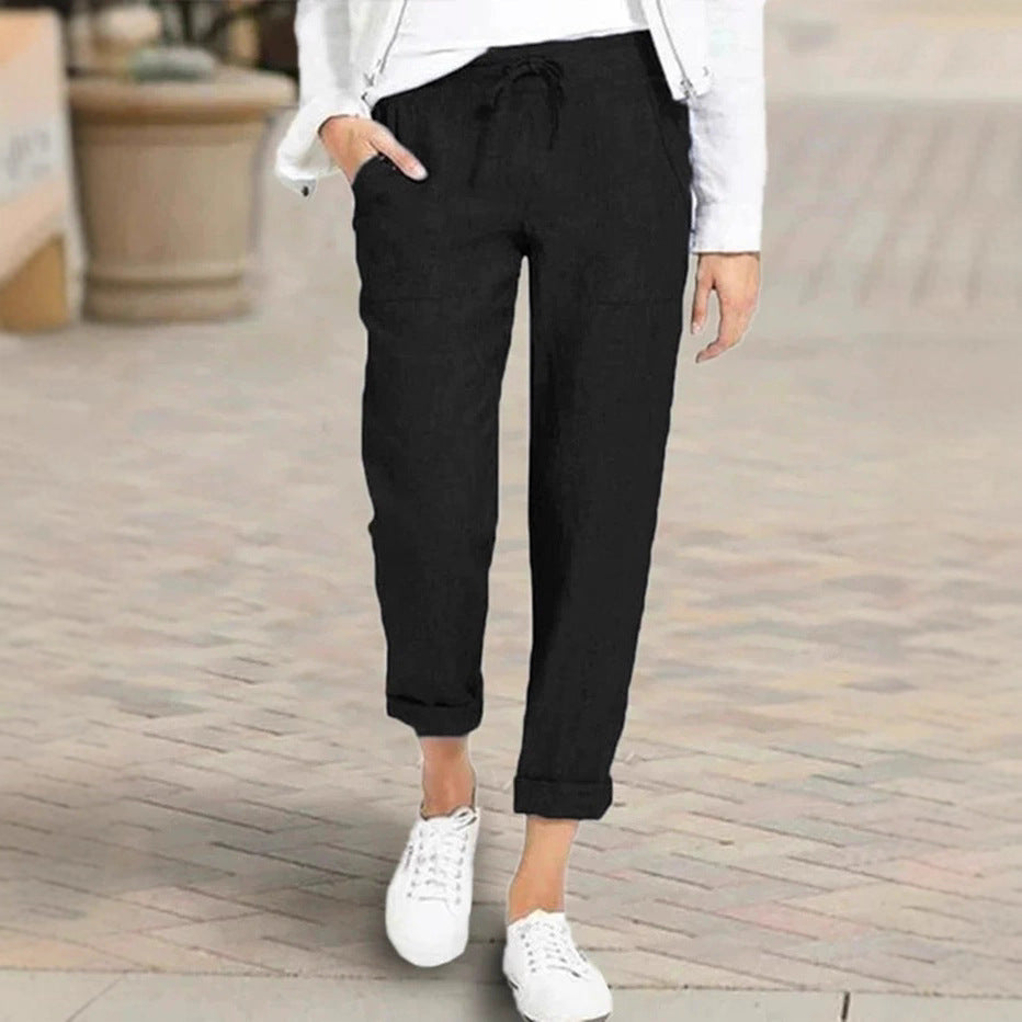 Relaxed linen trousers for women with elastic waist and practical pockets Lune London
