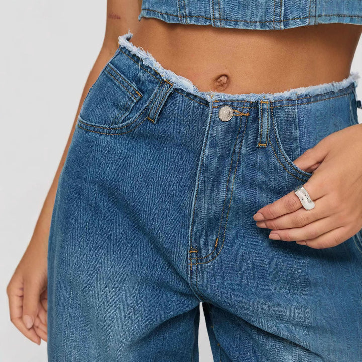 Women's wide denim jeans with high waistband and fringed hem Lune London