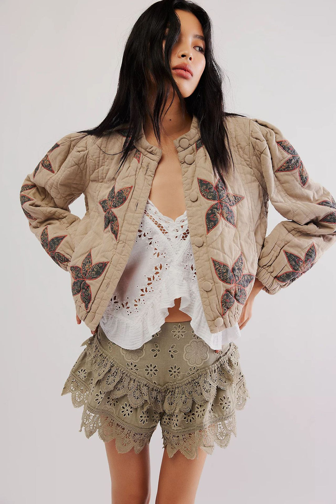 Ladies quilted bomber jacket with floral design Lune London
