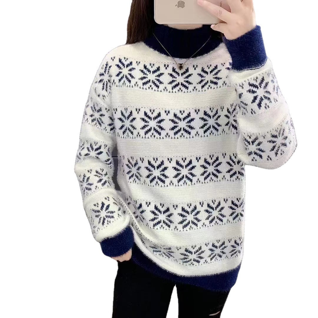 Knit sweater for women with a modern snowflake pattern and high collar Lune London